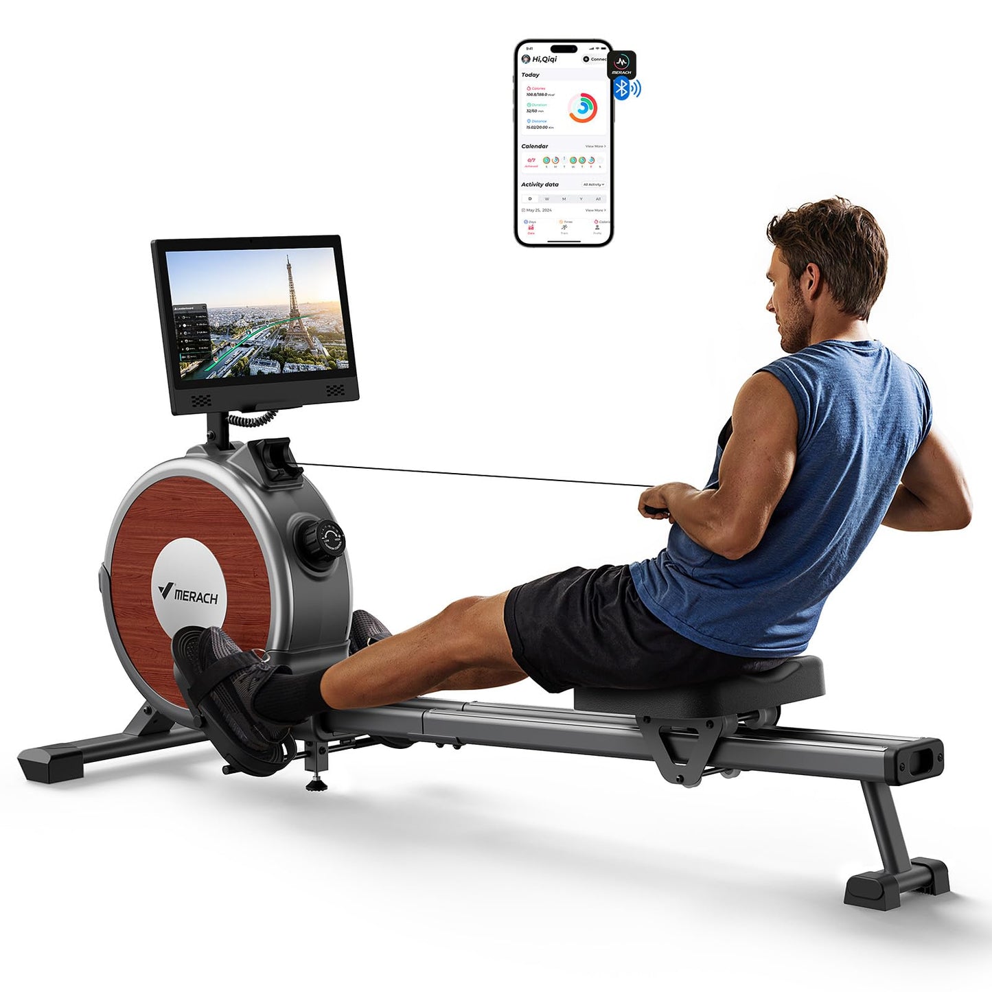 MERACH Q1s Rudergerät 160kg – 32-stufig Magnet, 5,5kg Schwungrad, App, Dual-Rail, 0,2m², Schwarz