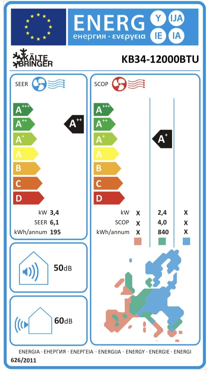 Kältebringer KB34 Split-Klimaanlage 12.000 BTU – Full-Inverter, EEK A++/A+, R32, WiFi, Alexa, TitanGold, Weiß