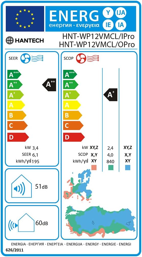 HANTECH H-PRO Split-Klimaanlage 12.000 BTU – Inverter, EEK A++, Heizen & Kühlen, WiFi, Alexa, Weiß
