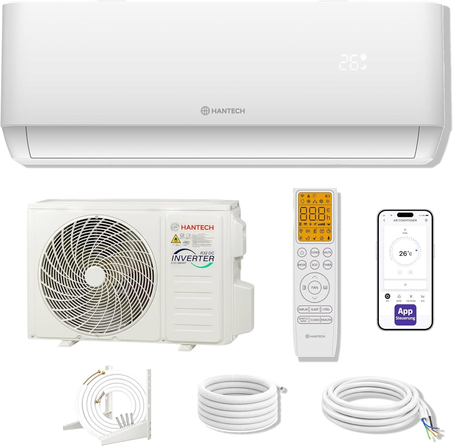 HANTECH H-PRO Split-Klimaanlage 12.000 BTU – Inverter, EEK A++, Heizen & Kühlen, WiFi, Alexa, Weiß