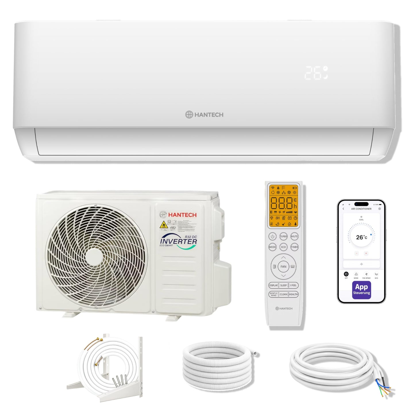 HANTECH H-PRO Split-Klimaanlage 12.000 BTU – Inverter, EEK A++, Heizen & Kühlen, WiFi, Alexa, Weiß