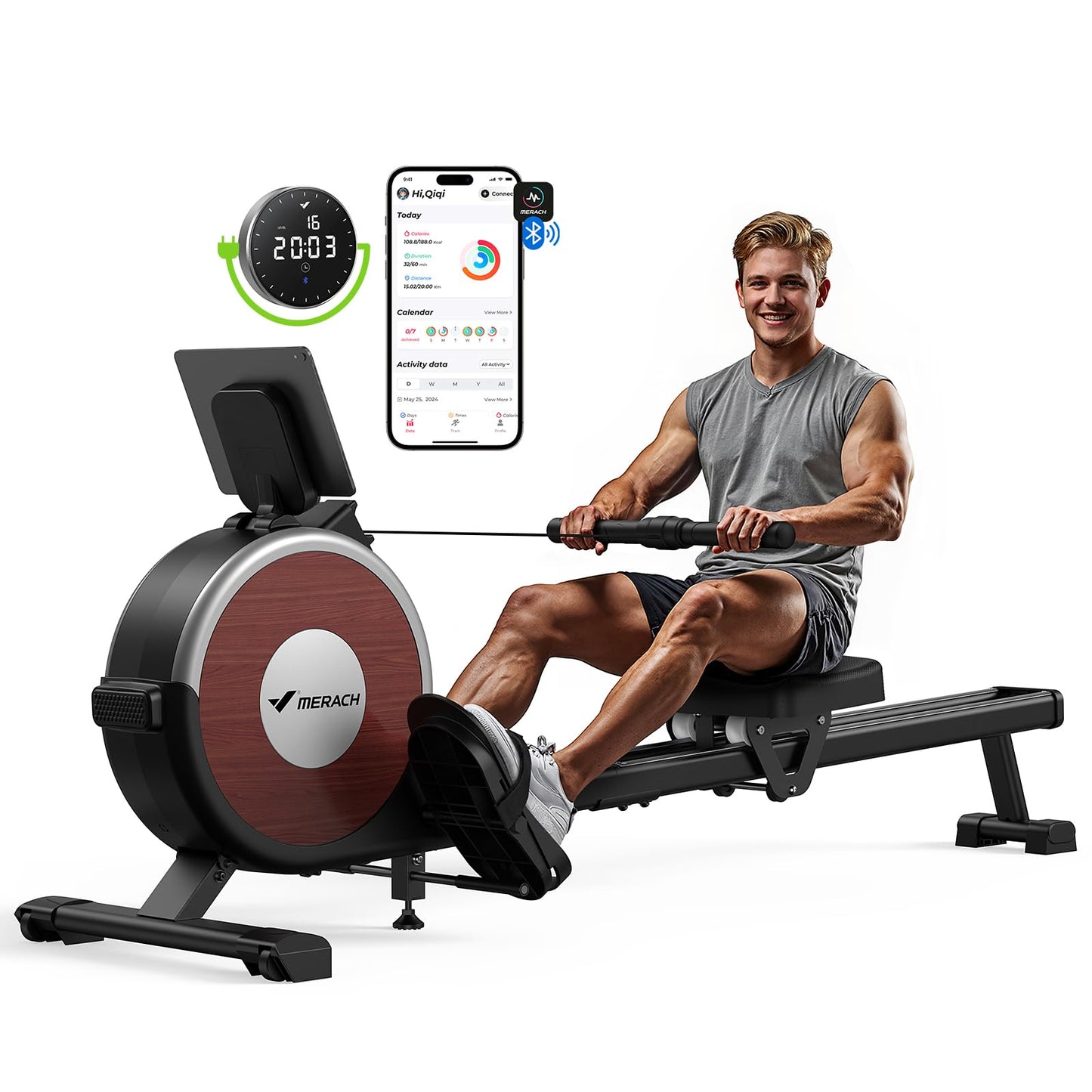 MERACH Q1s Rudergerät 160kg – 32-stufig Magnet, 5,5kg Schwungrad, App, Dual-Rail, 0,2m², Schwarz