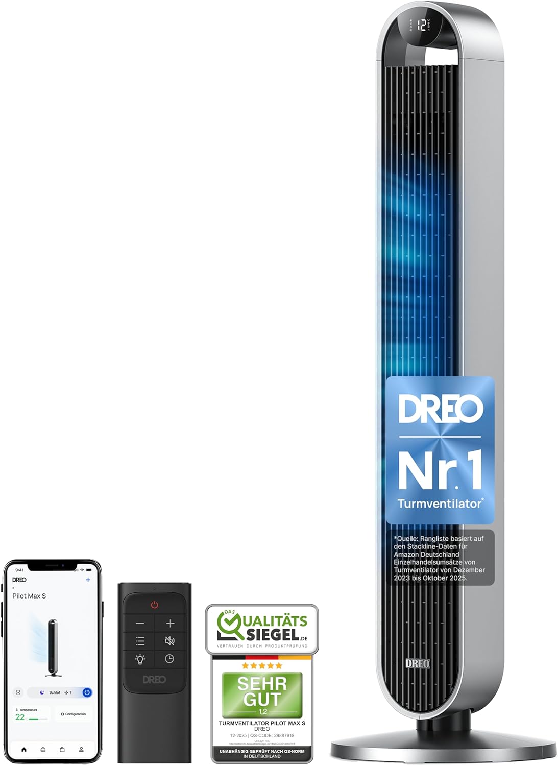 DREO Pilot Max DR-HTF004S Turmventilator 108cm – 12 Stufen, 120° Oszillation, 25dB, WiFi, Alexa, Silber
