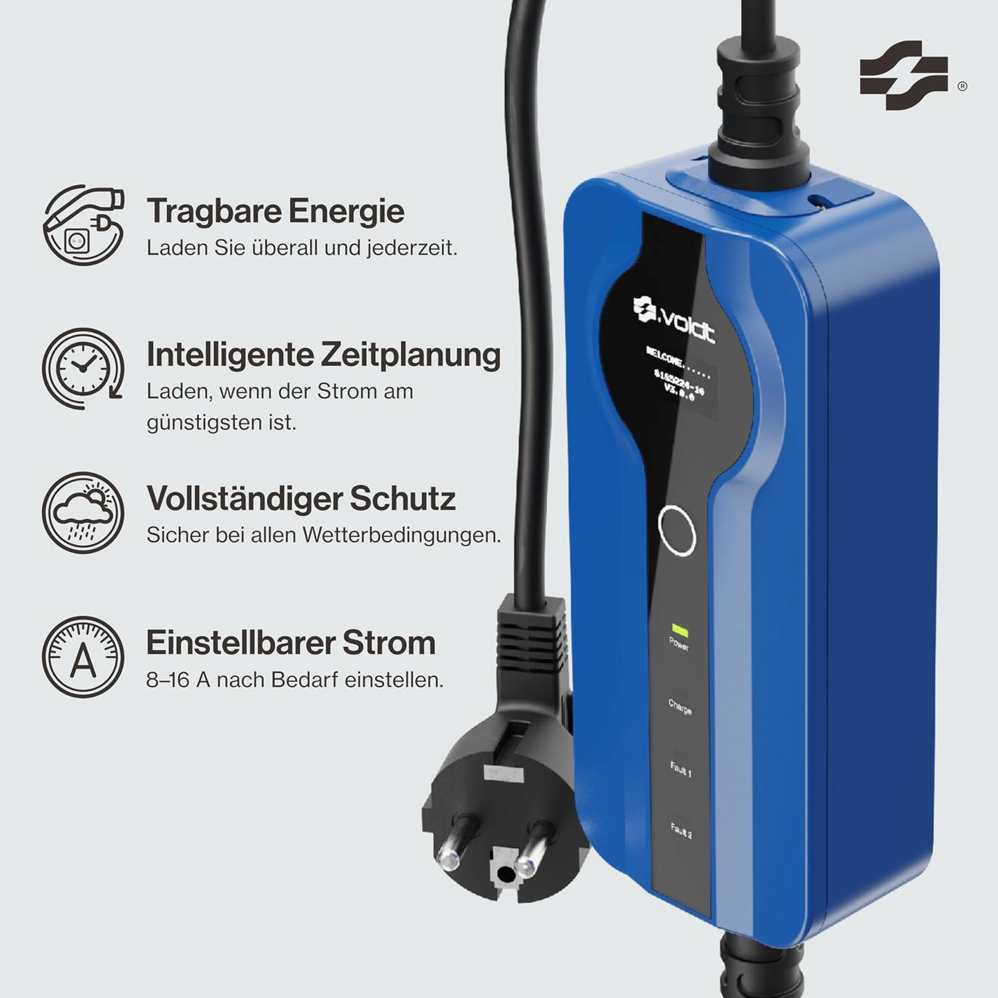 Voldt EVMCS131 Typ-2 Mobiles Ladekabel 3,7kW – 8-16A, IP67, CE, TÜV, Timer, IEC 62196, Blau