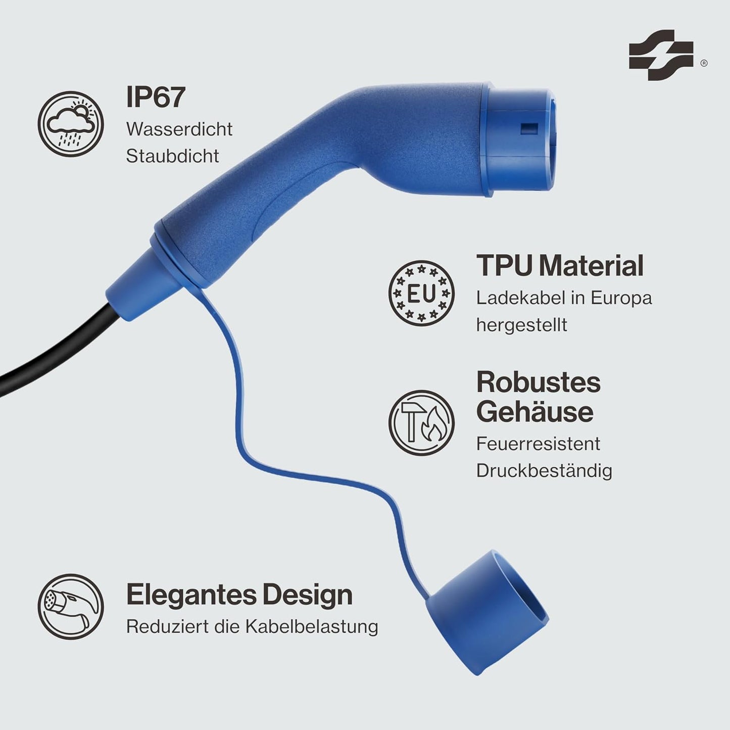 Voldt EVMCS131 Typ-2 Mobiles Ladekabel 3,7kW – 8-16A, IP67, CE, TÜV, Timer, IEC 62196, Blau