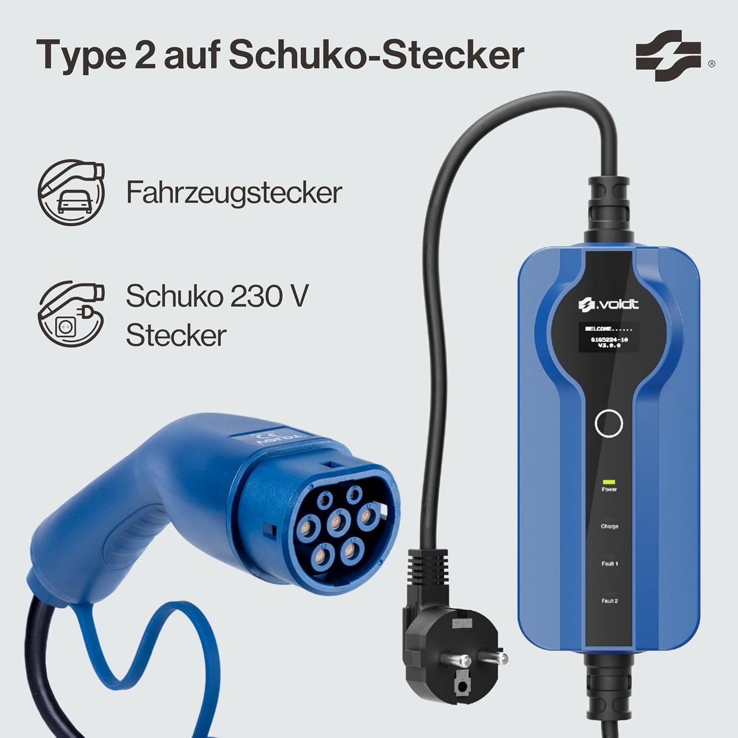 Voldt EVMCS131 Typ-2 Mobiles Ladekabel 3,7kW – 8-16A, IP67, CE, TÜV, Timer, IEC 62196, Blau
