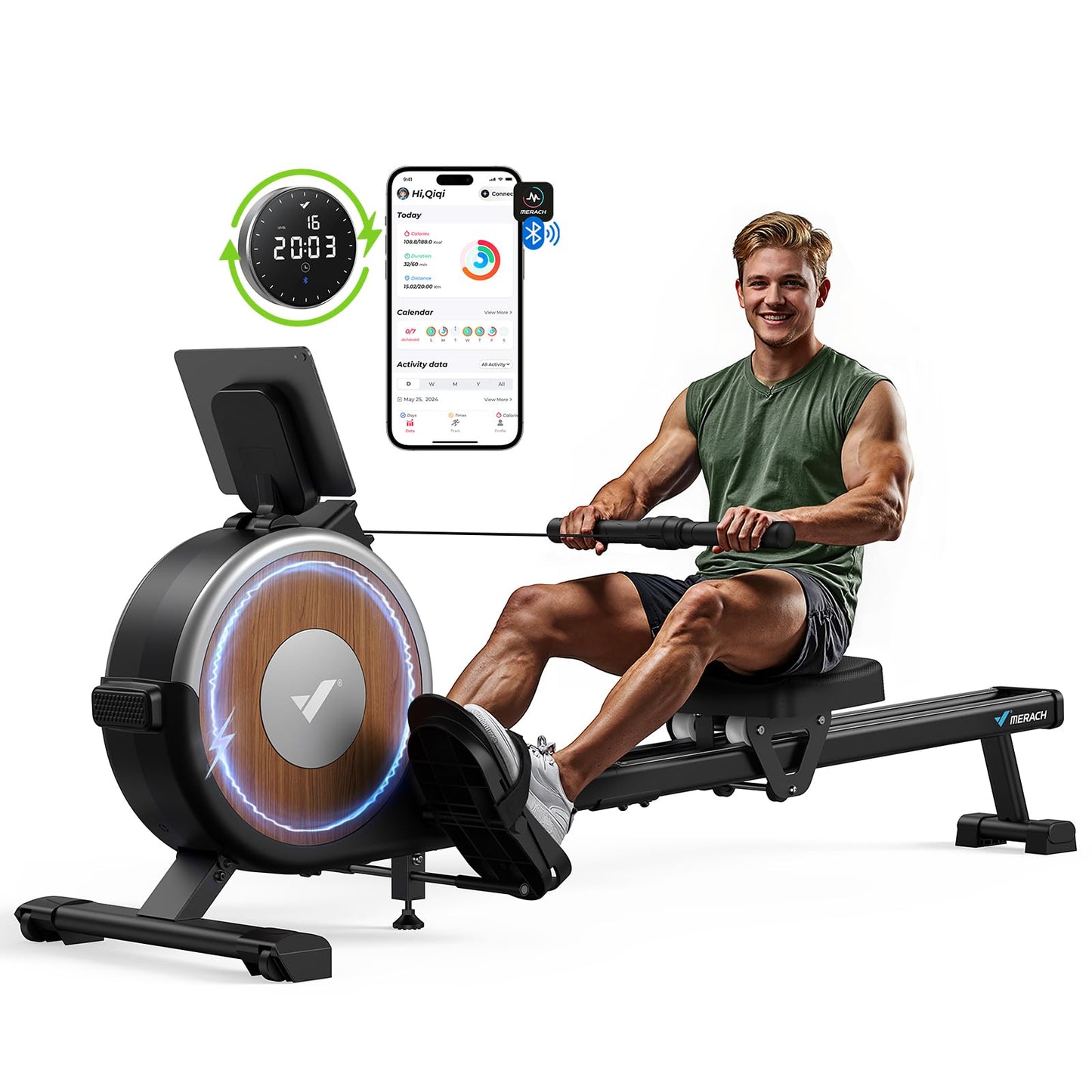 MERACH Q1s Rudergerät 160kg – 32-stufig Magnet, 5,5kg Schwungrad, App, Dual-Rail, 0,2m², Schwarz
