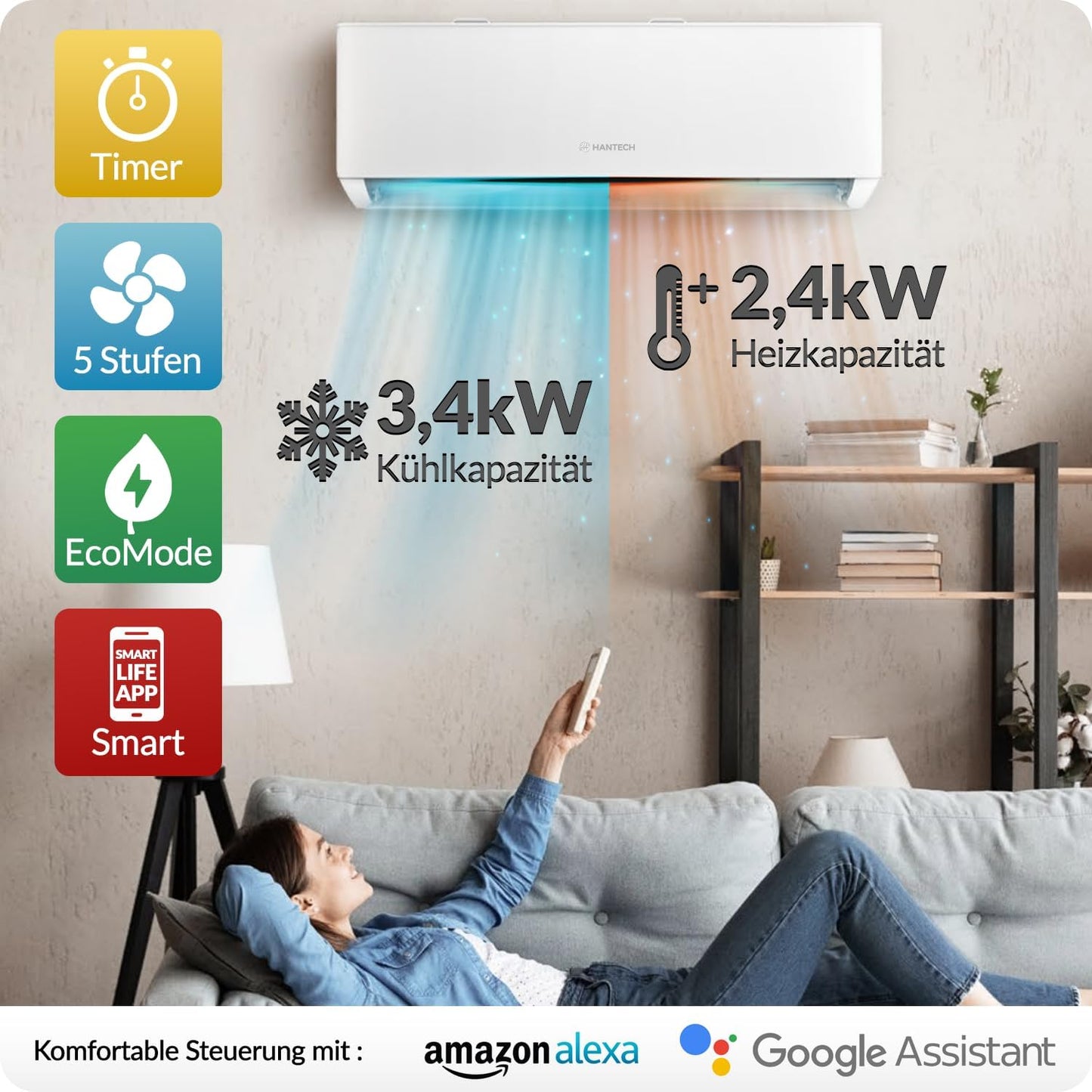 HANTECH H-PRO Split-Klimaanlage 12.000 BTU – Inverter, EEK A++, Heizen & Kühlen, WiFi, Alexa, Weiß