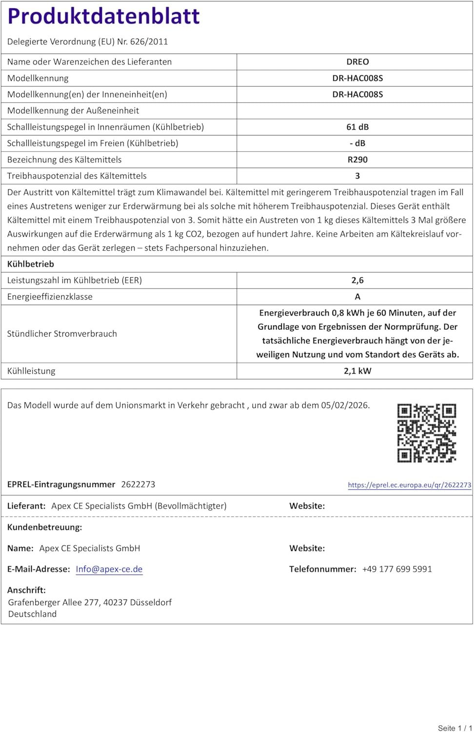 DREO DR-HAC002S Mobiles Klimagerät 7.500 BTU – 3-in-1, R290, EEK A, IceCool, 45dB, WiFi, Siri, Schwarz