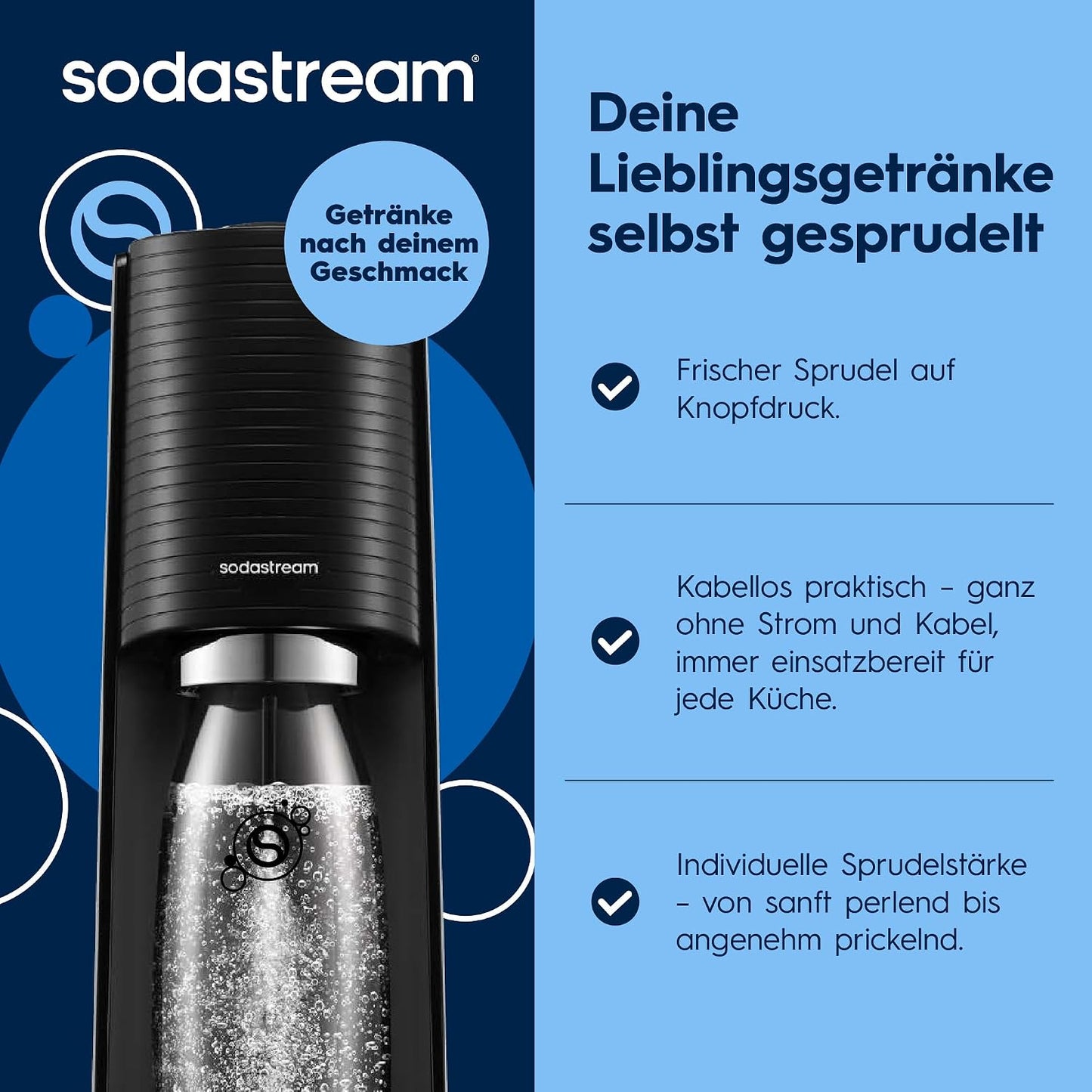 SodaStream TERRA Wassersprudler – Quick Connect CO2, 3x KST Plastikflasche 1L, Schwarz
