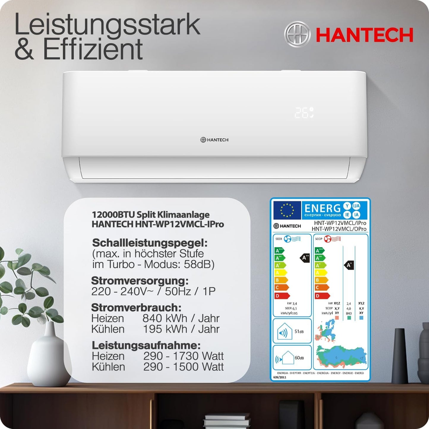 HANTECH H-PRO Split-Klimaanlage 12.000 BTU – Inverter, EEK A++, Heizen & Kühlen, WiFi, Alexa, Weiß