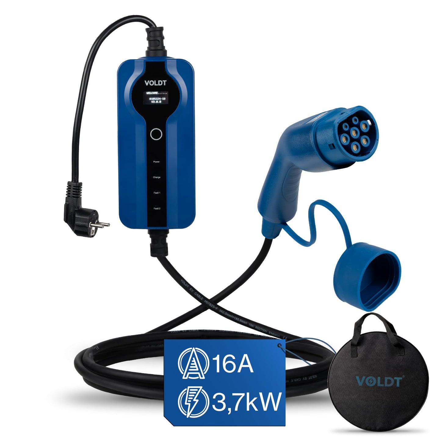 Voldt EVMCS131 Typ-2 Mobiles Ladekabel 3,7kW – 8-16A, IP67, CE, TÜV, Timer, IEC 62196, Blau