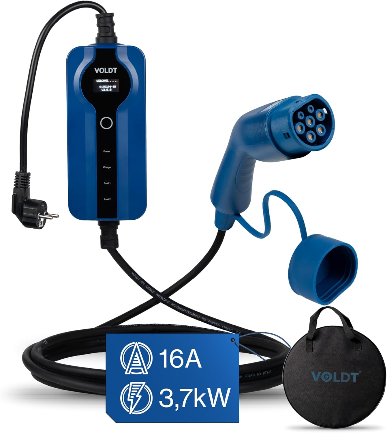 Voldt EVMCS131 Typ-2 Mobiles Ladekabel 3,7kW – 8-16A, IP67, CE, TÜV, Timer, IEC 62196, Blau