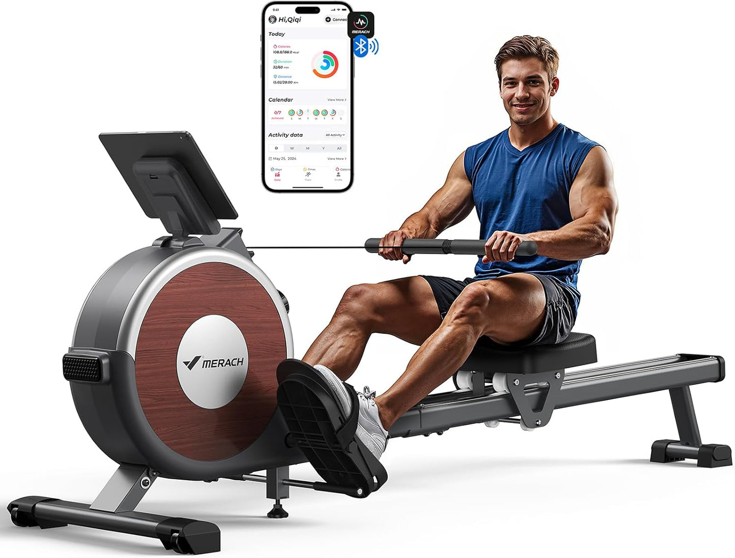 MERACH Q1s Rudergerät 160kg – 32-stufig Magnet, 5,5kg Schwungrad, App, Dual-Rail, 0,2m², Schwarz