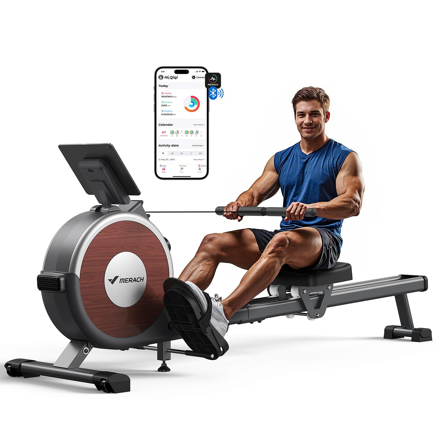 MERACH Q1s Rudergerät 160kg – 32-stufig Magnet, 5,5kg Schwungrad, App, Dual-Rail, 0,2m², Schwarz