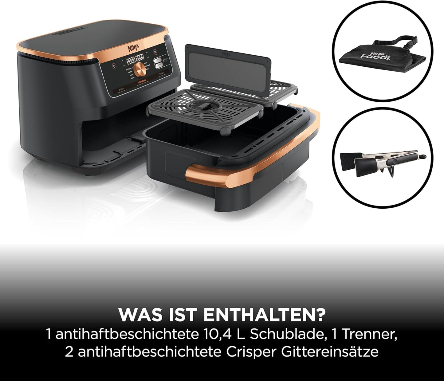 Ninja AF500EUCP Foodi FlexDrawer Heißluftfritteuse 10,4L – 7 Funktionen, Dual Zone, 2470W, Schwarz/Kupfer