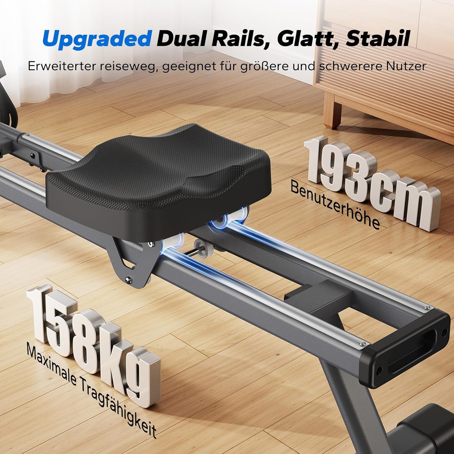 MERACH Q1s Rudergerät 160kg – 32-stufig Magnet, 5,5kg Schwungrad, App, Dual-Rail, 0,2m², Schwarz