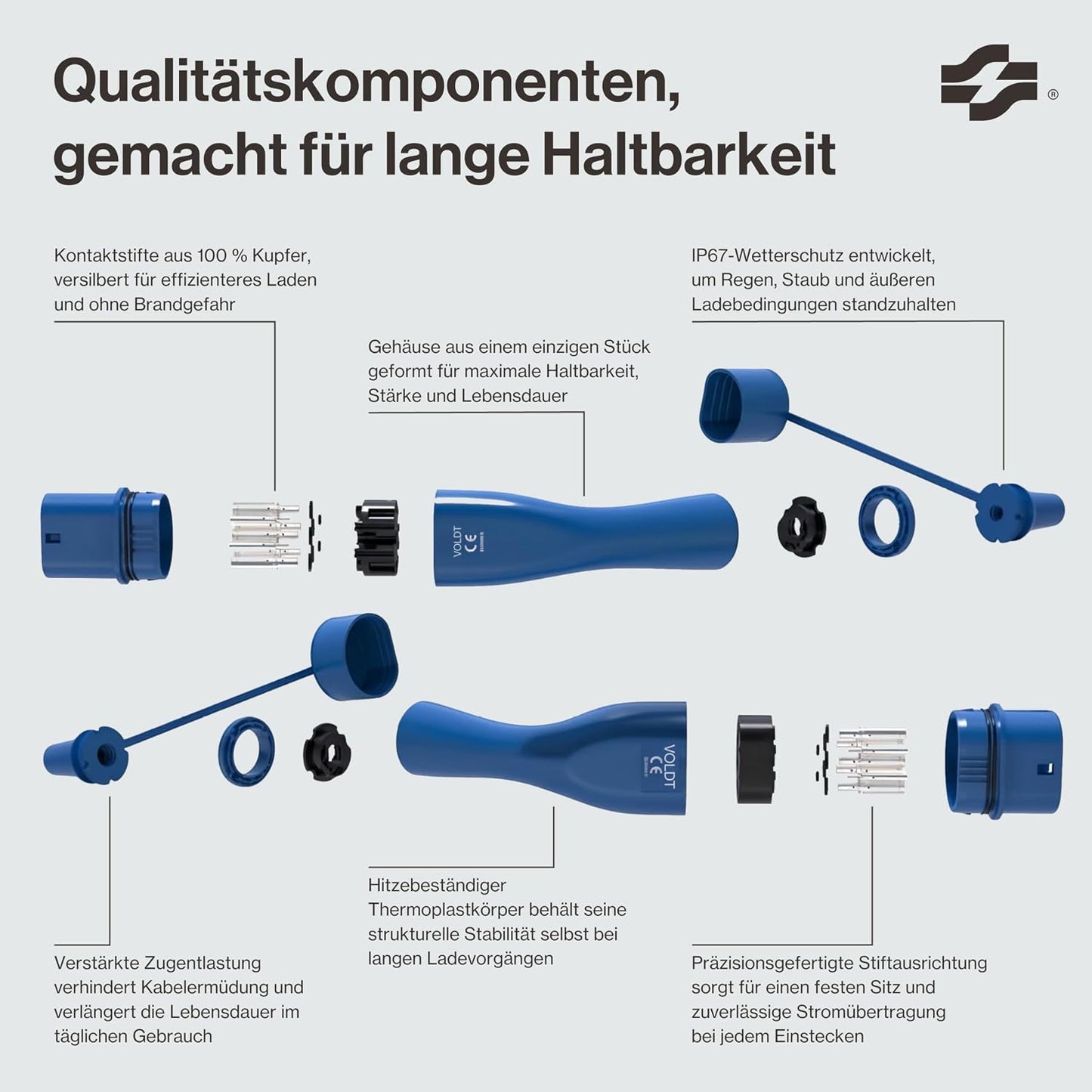 Voldt EVMCS131 Typ-2 Mobiles Ladekabel 3,7kW – 8-16A, IP67, CE, TÜV, Timer, IEC 62196, Blau