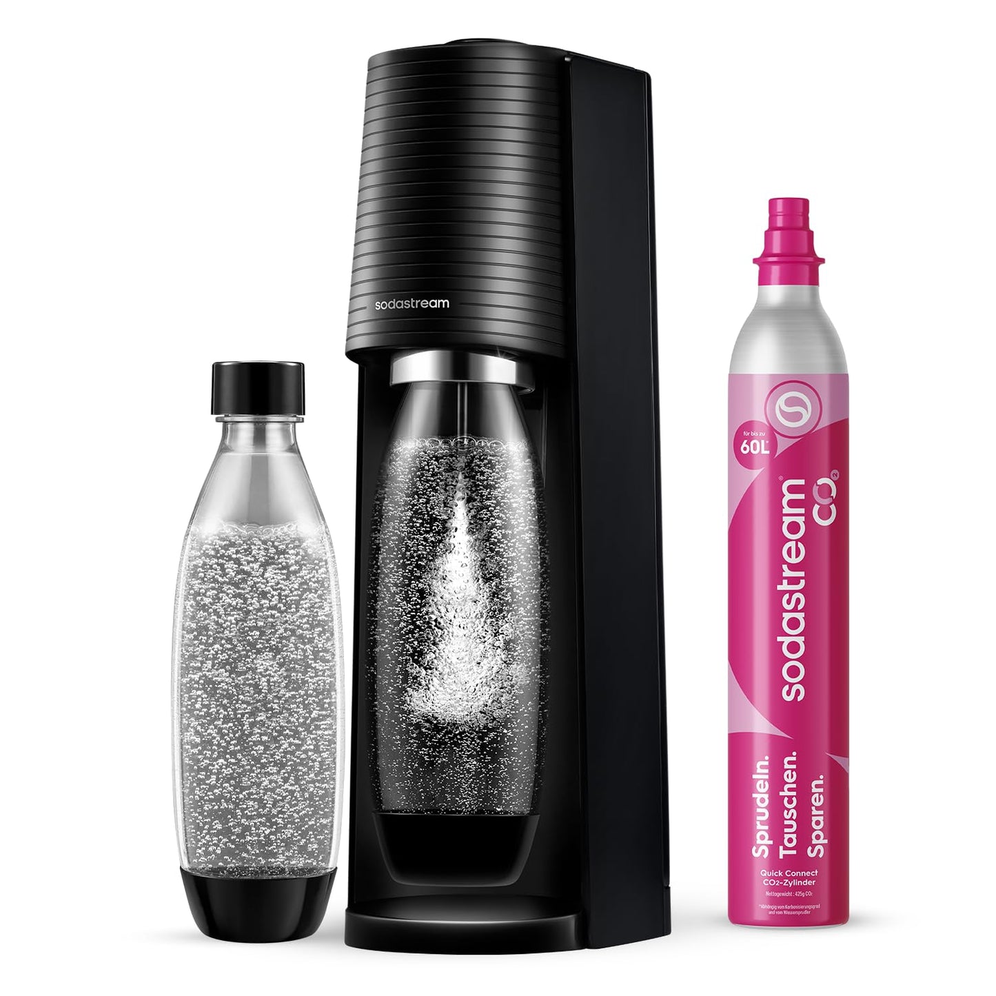 SodaStream TERRA Wassersprudler – Quick Connect CO2, 3x KST Plastikflasche 1L, Schwarz