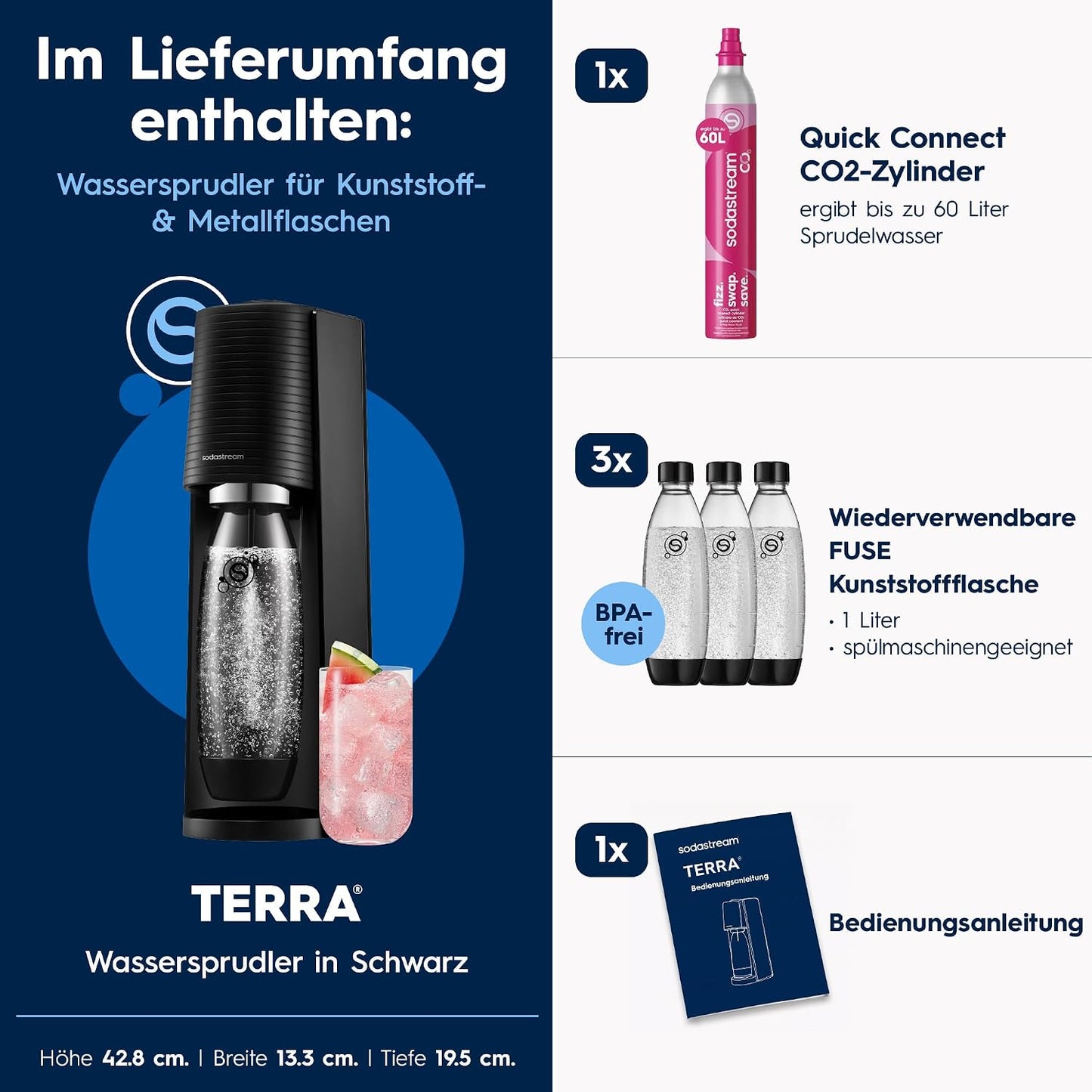 SodaStream TERRA Wassersprudler – Quick Connect CO2, 3x KST Plastikflasche 1L, Schwarz