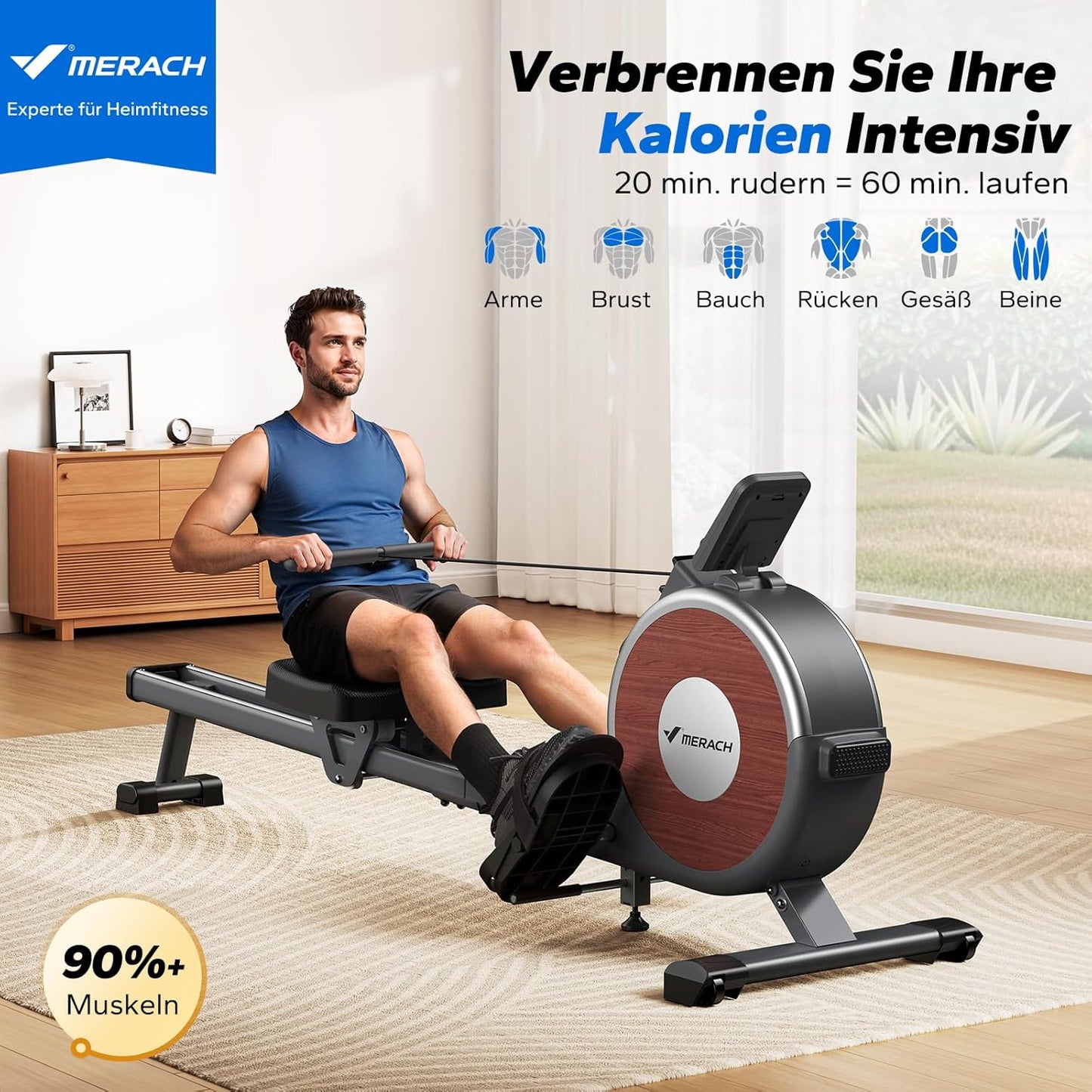 MERACH Q1s Rudergerät 160kg – 32-stufig Magnet, 5,5kg Schwungrad, App, Dual-Rail, 0,2m², Schwarz