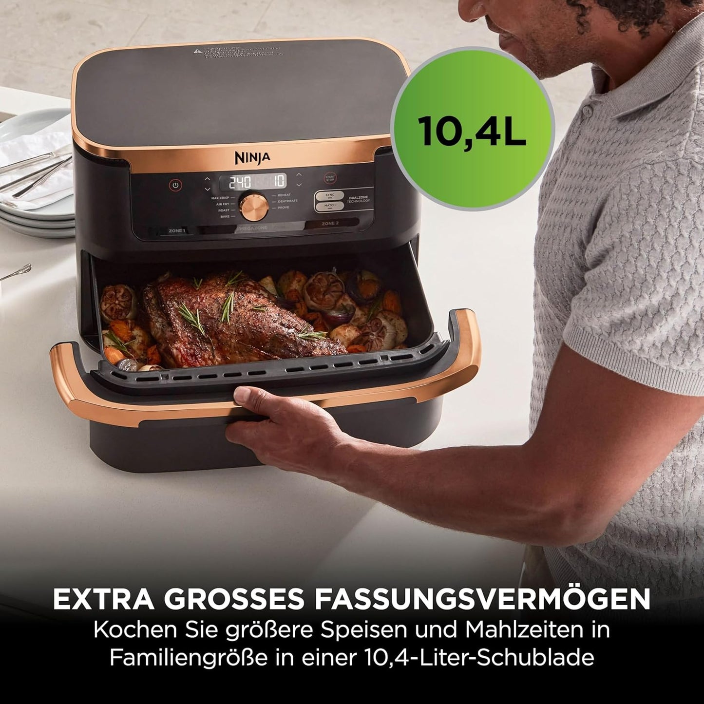 Ninja AF500EUCP Foodi FlexDrawer Heißluftfritteuse 10,4L – 7 Funktionen, Dual Zone, 2470W, Schwarz/Kupfer
