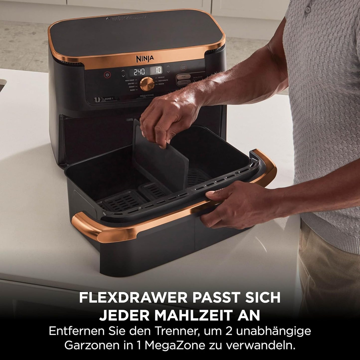 Ninja AF500EUCP Foodi FlexDrawer Heißluftfritteuse 10,4L – 7 Funktionen, Dual Zone, 2470W, Schwarz/Kupfer