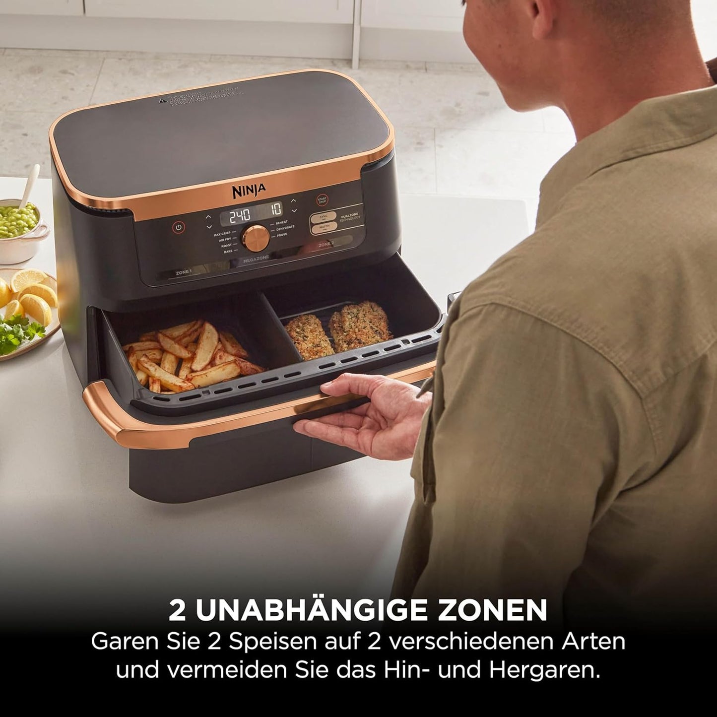 Ninja AF500EUCP Foodi FlexDrawer Heißluftfritteuse 10,4L – 7 Funktionen, Dual Zone, 2470W, Schwarz/Kupfer