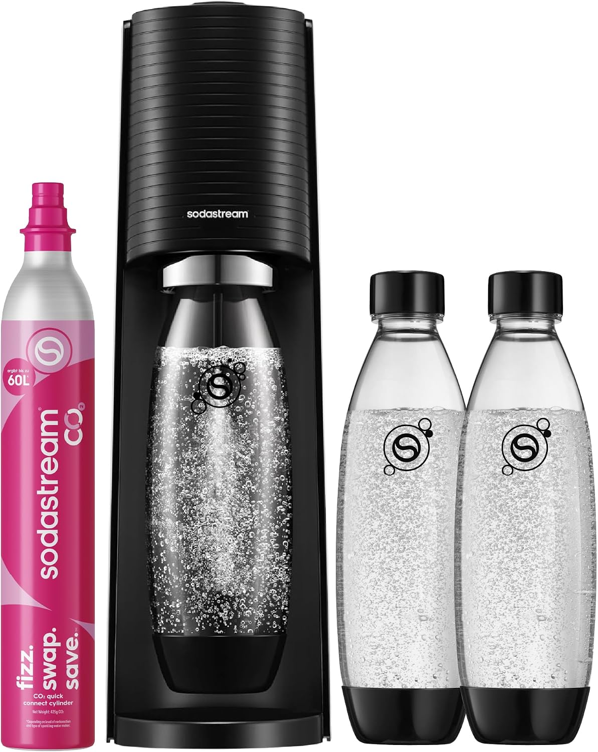 SodaStream TERRA Wassersprudler – Quick Connect CO2, 3x KST Plastikflasche 1L, Schwarz