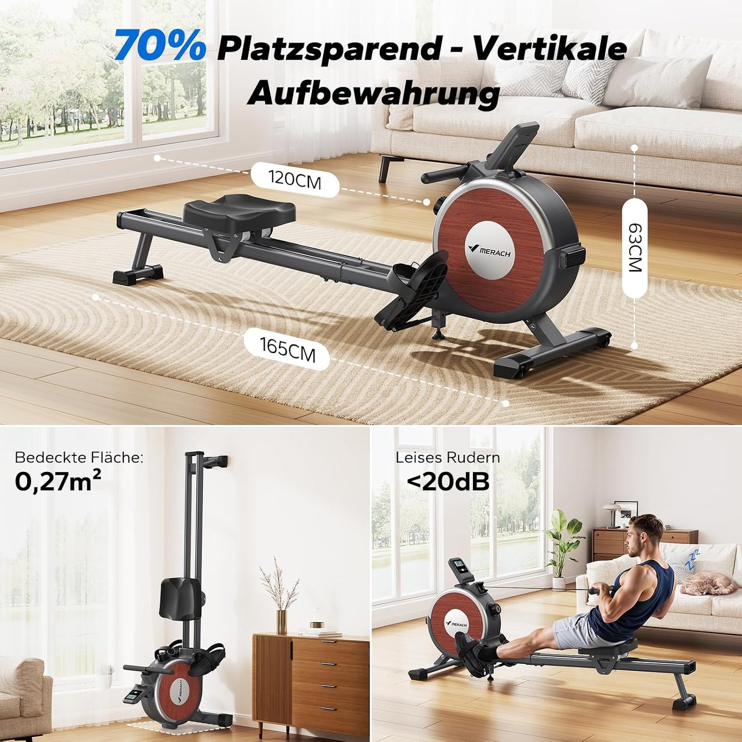 MERACH Q1s Rudergerät 160kg – 32-stufig Magnet, 5,5kg Schwungrad, App, Dual-Rail, 0,2m², Schwarz