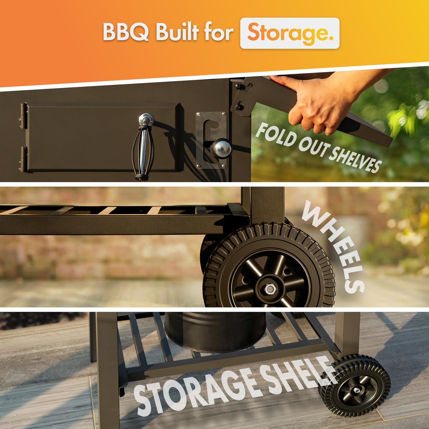 Charcoal BBQ Grill & Smoker with Temperature Gauge, Side Shelves & Storage Rack