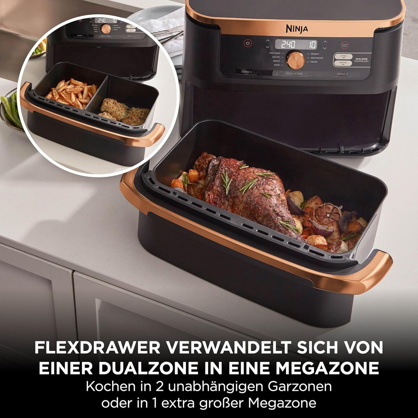 Ninja AF500EUCP Foodi FlexDrawer Heißluftfritteuse 10,4L – 7 Funktionen, Dual Zone, 2470W, Schwarz/Kupfer