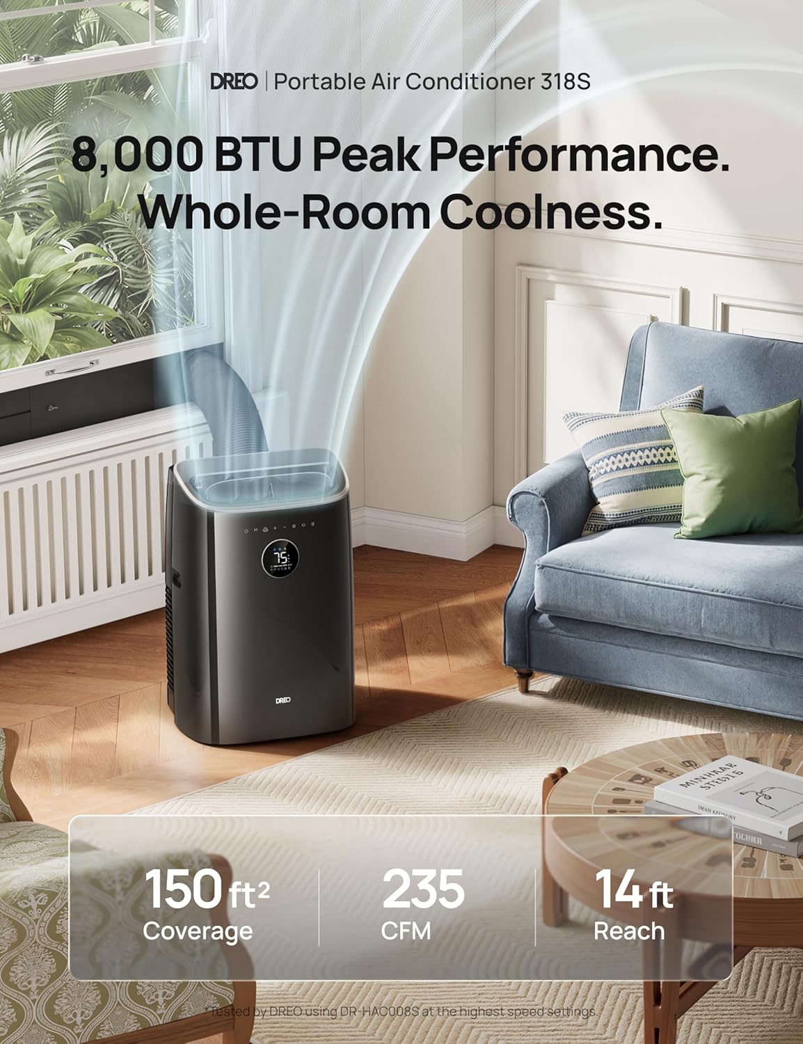 DREO DR-HAC002S Mobiles Klimagerät 7.500 BTU – 3-in-1, R290, EEK A, IceCool, 45dB, WiFi, Siri, Schwarz