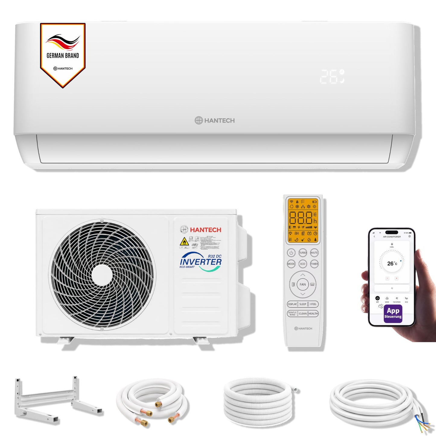 HANTECH H-PRO Split-Klimaanlage 12.000 BTU – Inverter, EEK A++, Heizen & Kühlen, WiFi, Alexa, Weiß