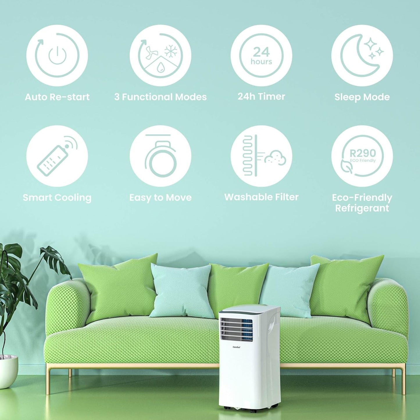 COMFEE MPPH-09CRN7 Mobiles Klimagerät 9.000 BTU – 3-in-1, R290, EEK A, 31m², Fernbedienung, Weiß