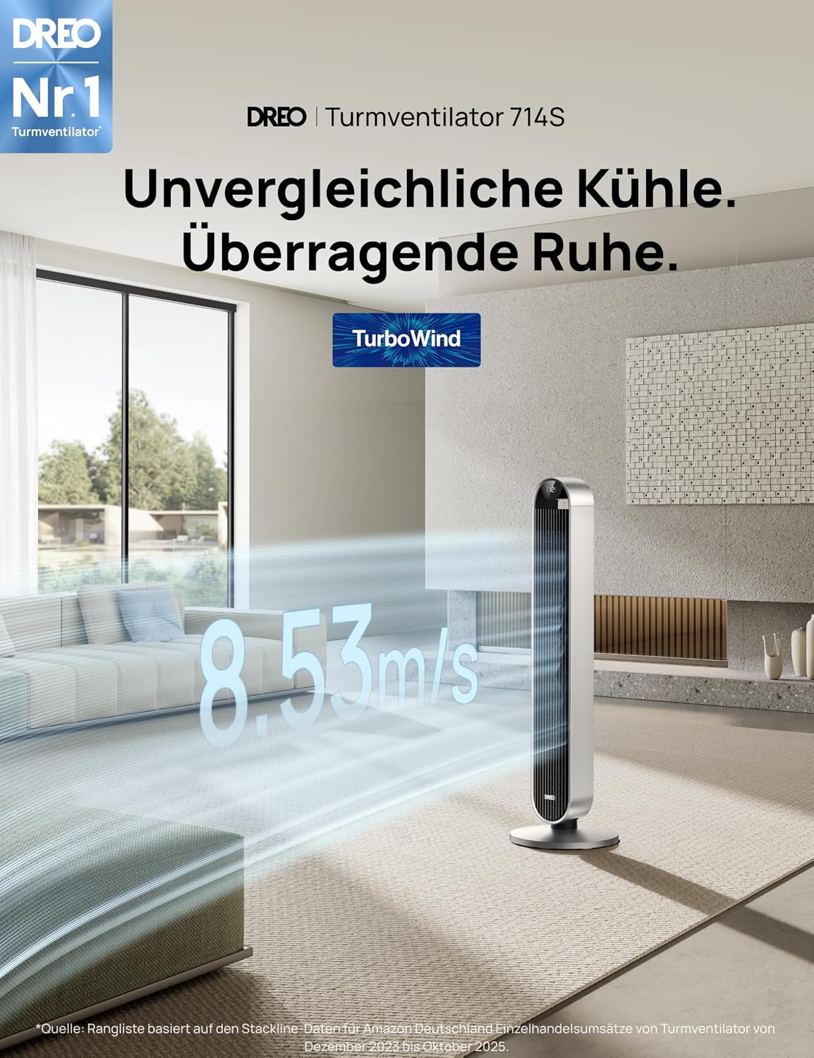 DREO Pilot Max DR-HTF004S Turmventilator 108cm – 12 Stufen, 120° Oszillation, 25dB, WiFi, Alexa, Silber