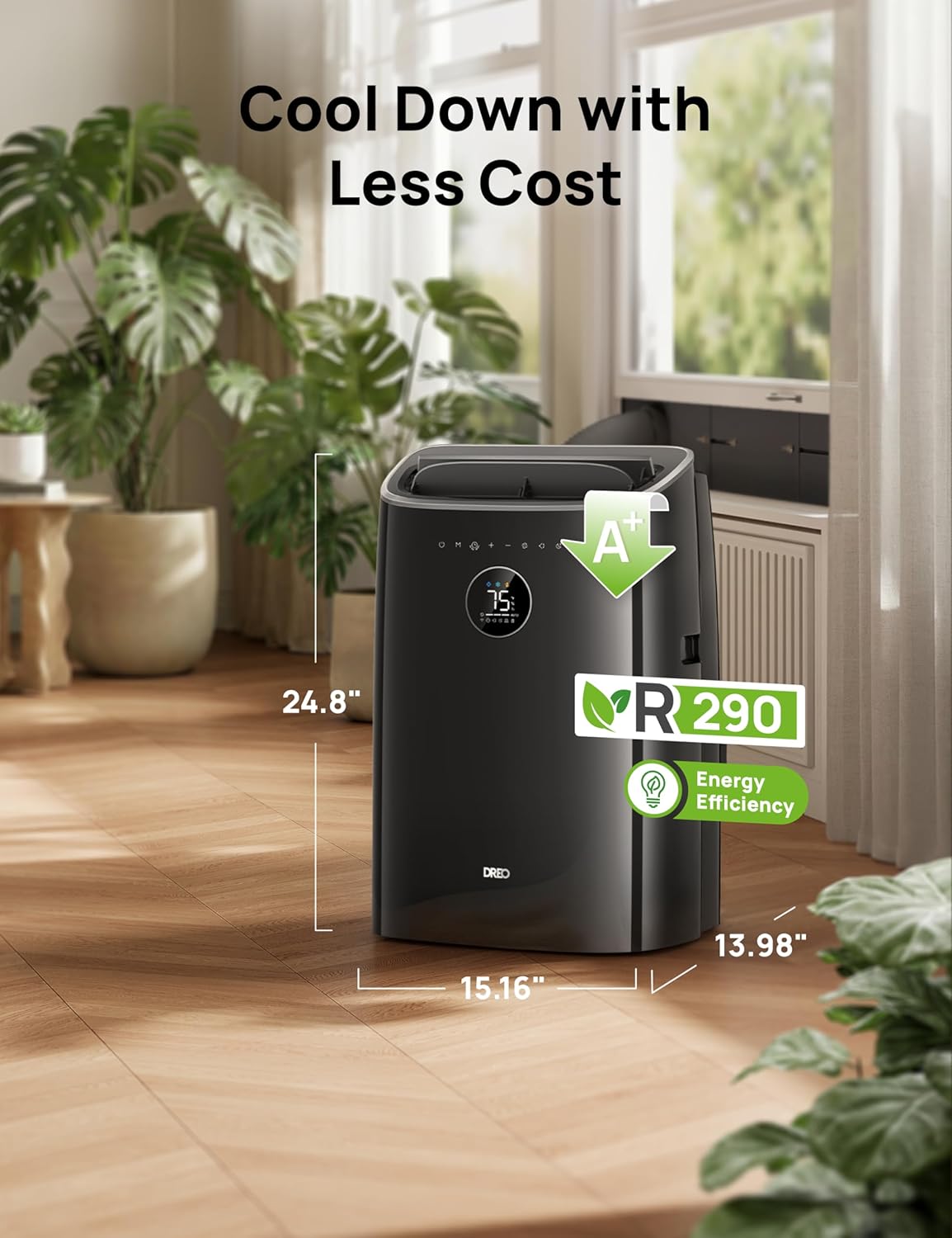DREO DR-HAC002S Mobiles Klimagerät 7.500 BTU – 3-in-1, R290, EEK A, IceCool, 45dB, WiFi, Siri, Schwarz