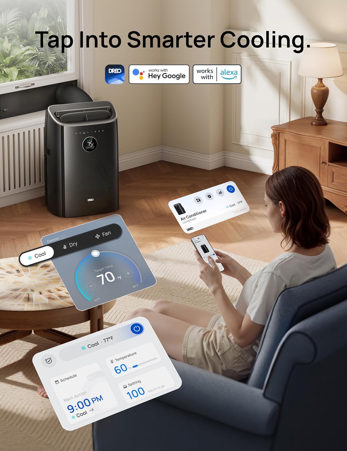 DREO DR-HAC002S Mobiles Klimagerät 7.500 BTU – 3-in-1, R290, EEK A, IceCool, 45dB, WiFi, Siri, Schwarz