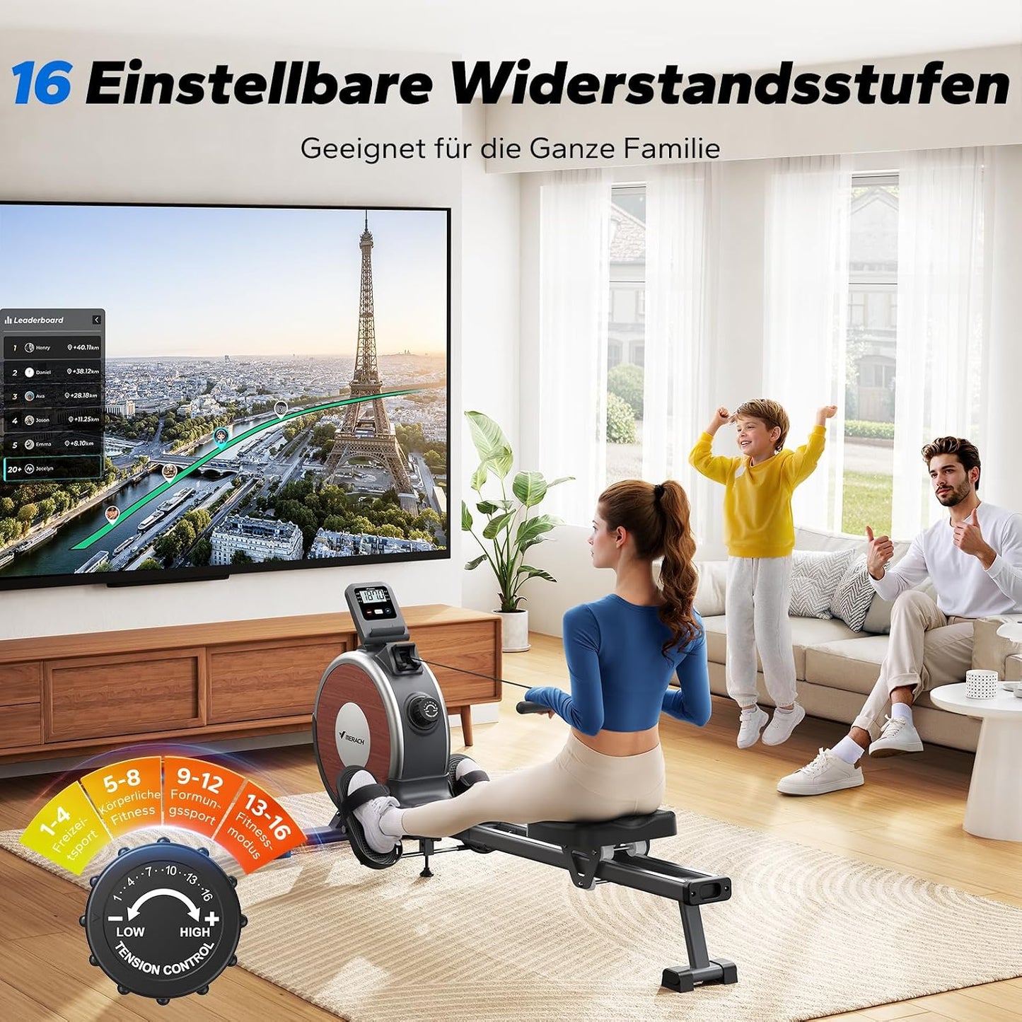 MERACH Q1s Rudergerät 160kg – 32-stufig Magnet, 5,5kg Schwungrad, App, Dual-Rail, 0,2m², Schwarz