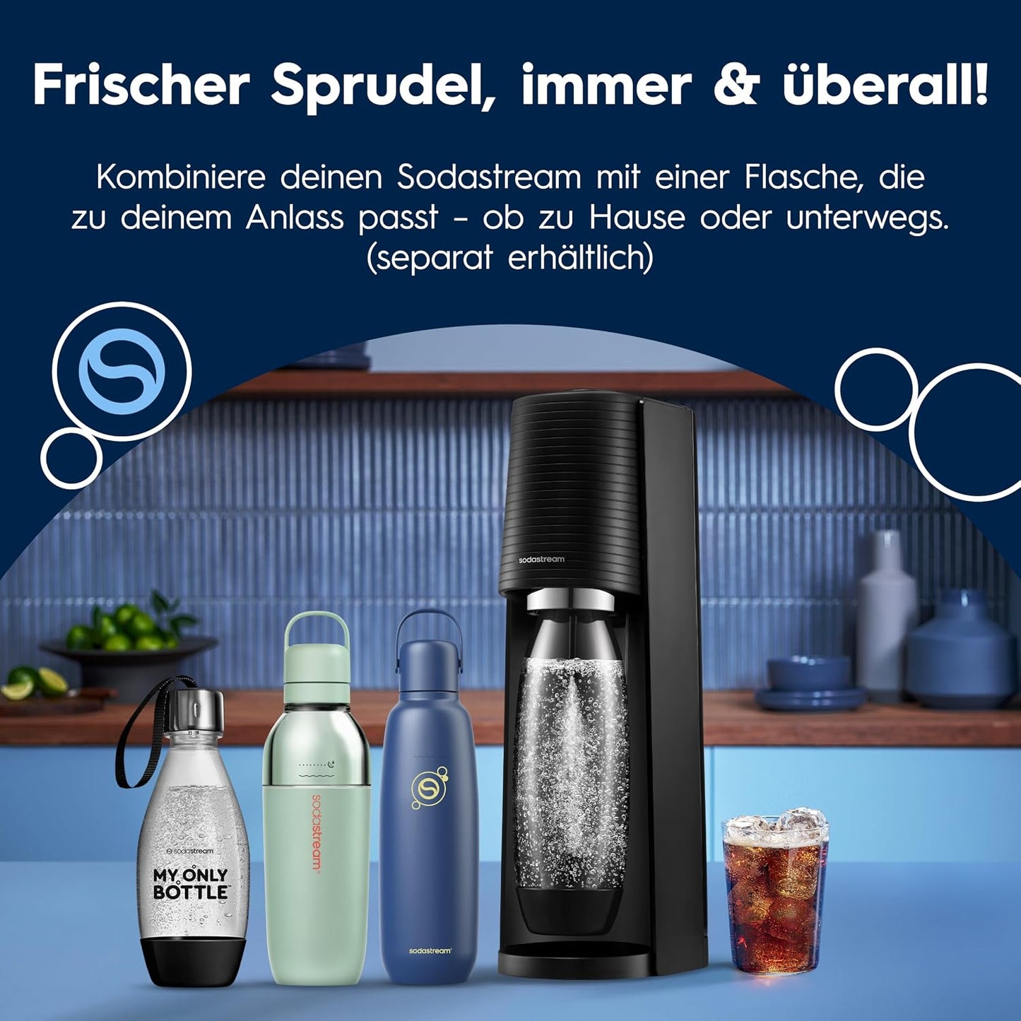 SodaStream TERRA Wassersprudler – Quick Connect CO2, 3x KST Plastikflasche 1L, Schwarz