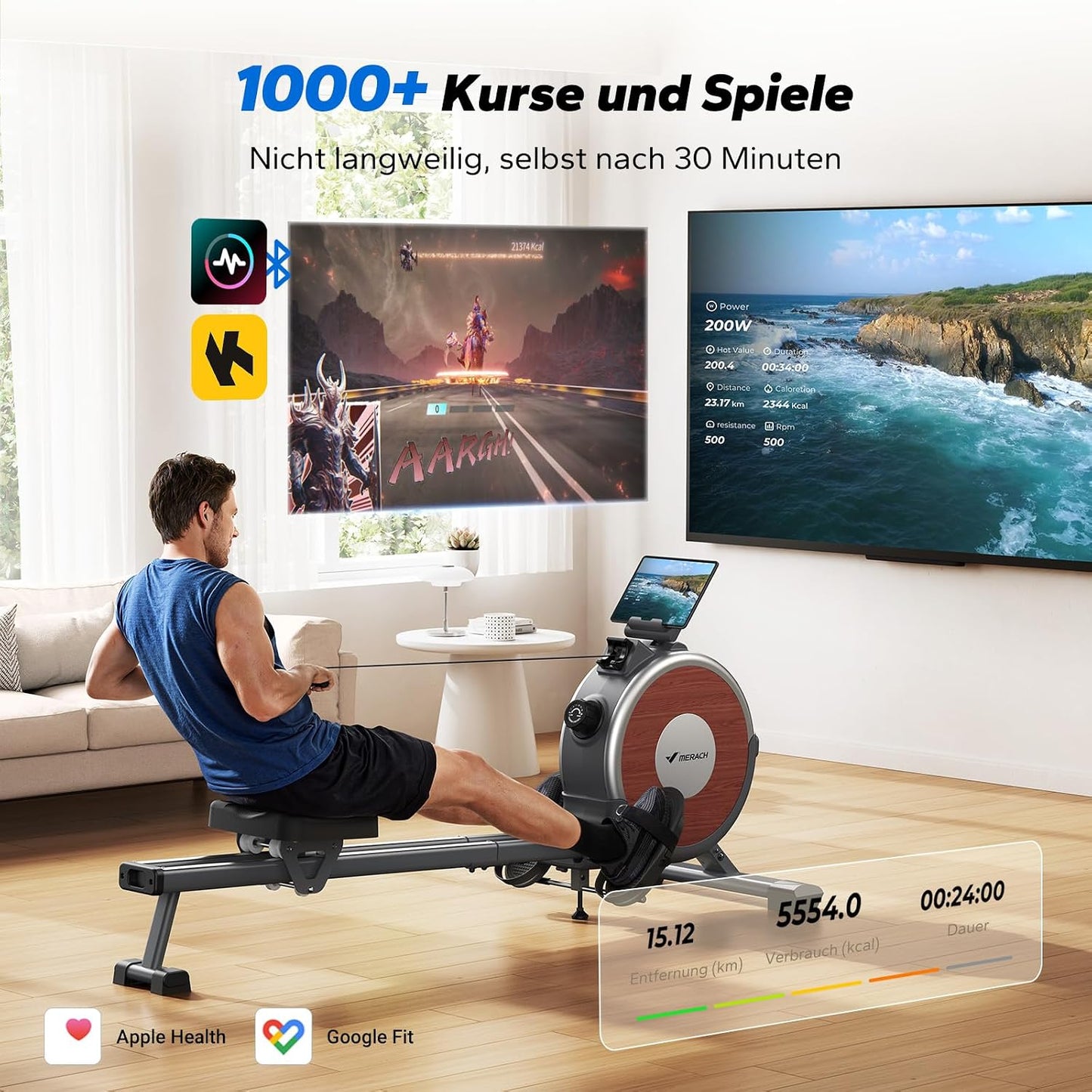 MERACH Q1s Rudergerät 160kg – 32-stufig Magnet, 5,5kg Schwungrad, App, Dual-Rail, 0,2m², Schwarz