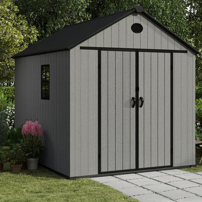 Pro Grade 6ft x 8ft Premium Plastic Double Door Garden Shed - Grey/Anthracite Wood Touch Texture