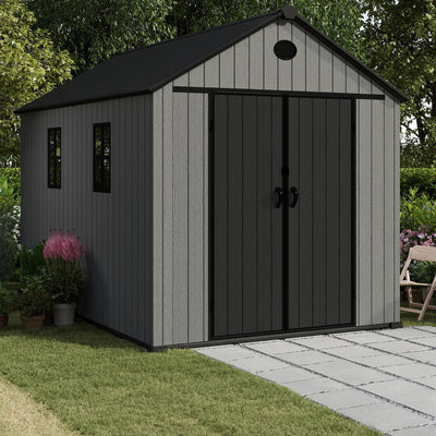 Pro Grade 6ft x 8ft Premium Plastic Double Door Garden Shed - Grey/Anthracite Wood Touch Texture