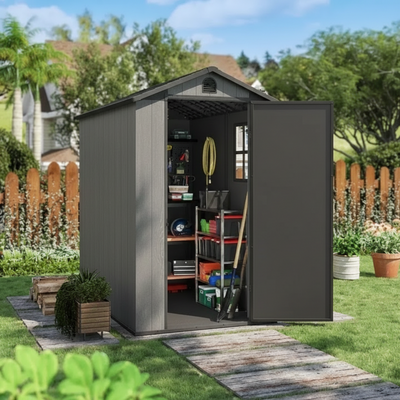 Pro Grade 6ft x 8ft Premium Plastic Double Door Garden Shed - Grey/Anthracite Wood Touch Texture