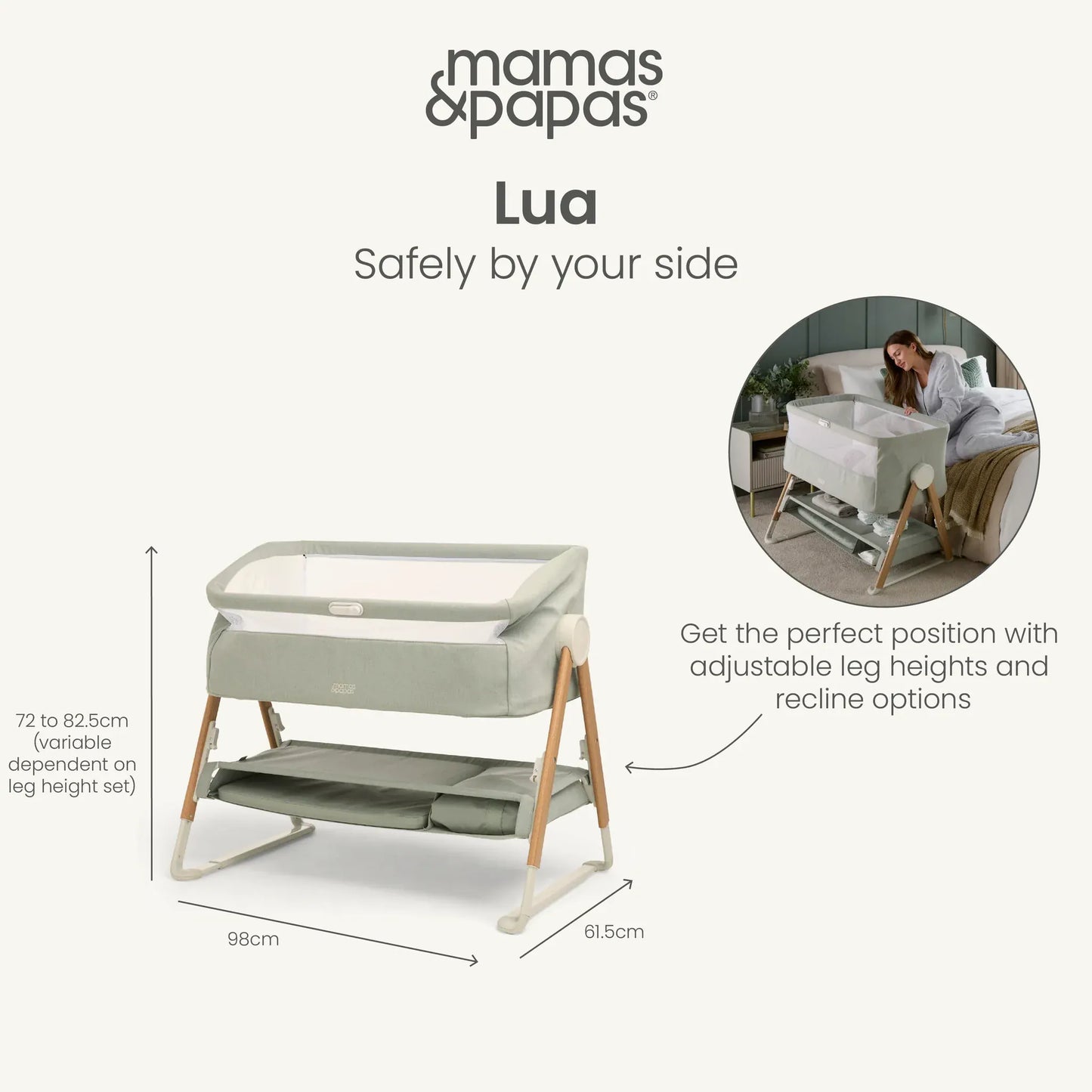 Mamas & Papas Lua Bedside Crib - Sage