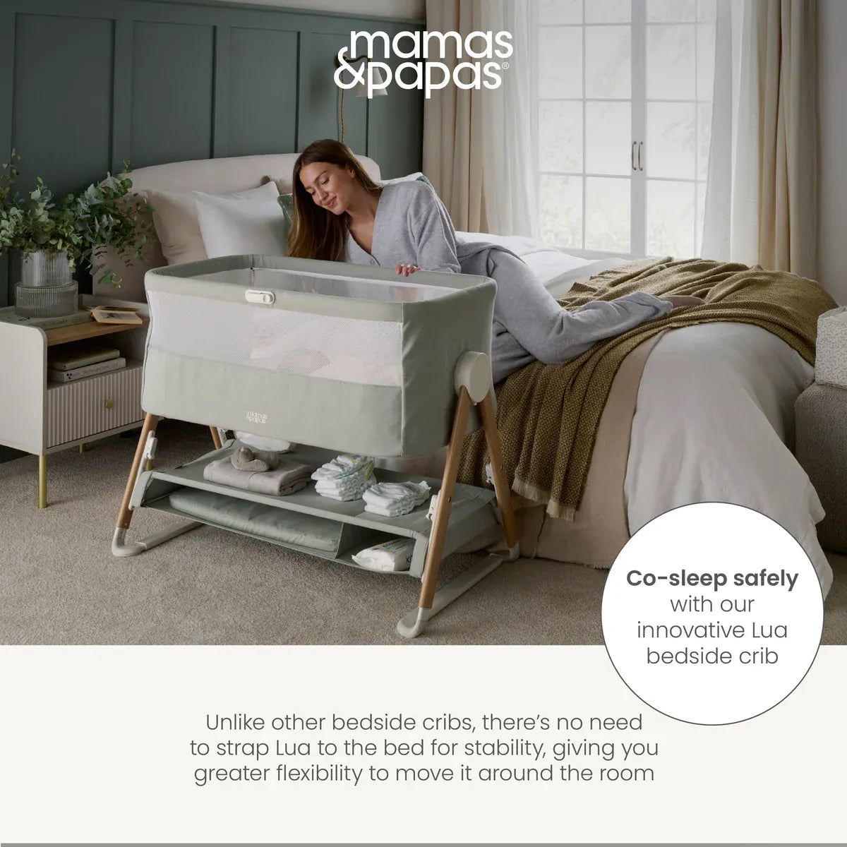 Mamas & Papas Lua Bedside Crib - Sage