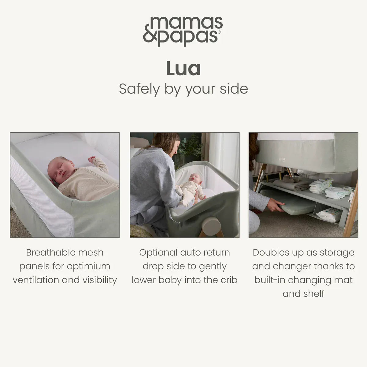 Mamas & Papas Lua Bedside Crib - Sage