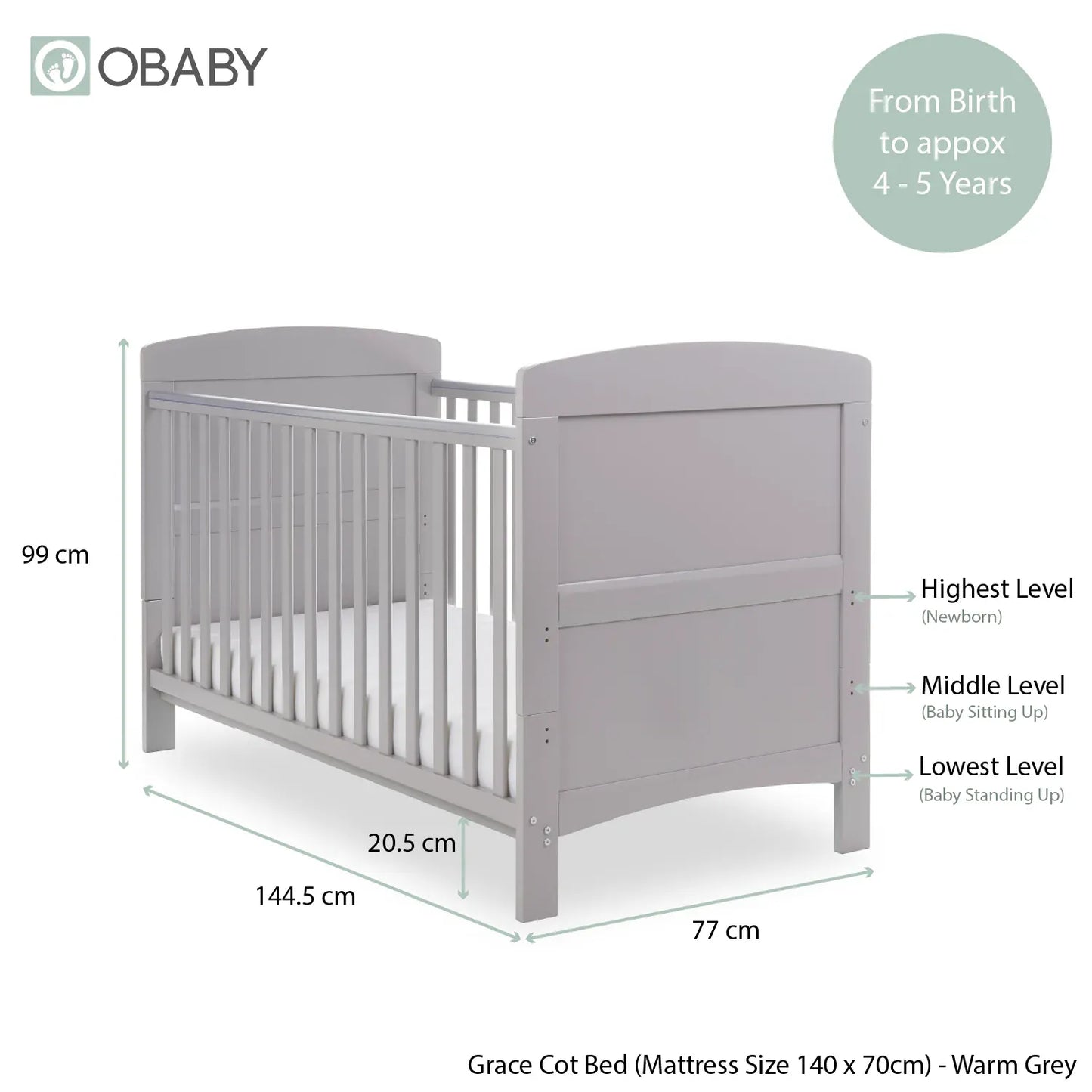 Obaby Grace Cot Bed - Warm Grey