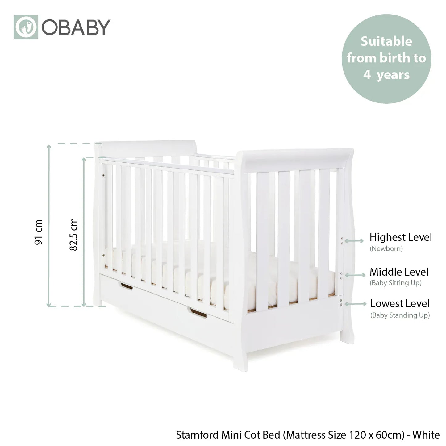 Obaby Stamford Mini Sleigh Cot Bed - White