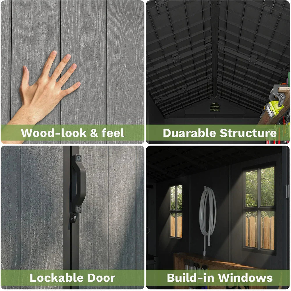 Pro Grade 6ft x 8ft Premium Plastic Double Door Garden Shed - Grey/Anthracite Wood Touch Texture